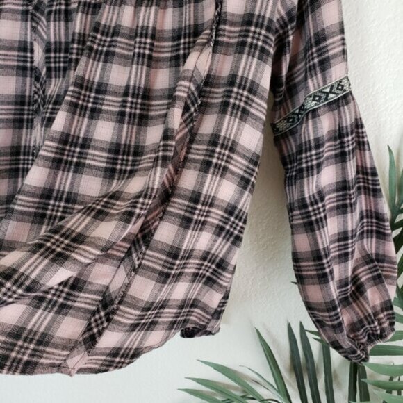 Knox Rose Bohemian Plaid Puff Sleeve Peasant Blouse Top size M - Picture 8 of 12